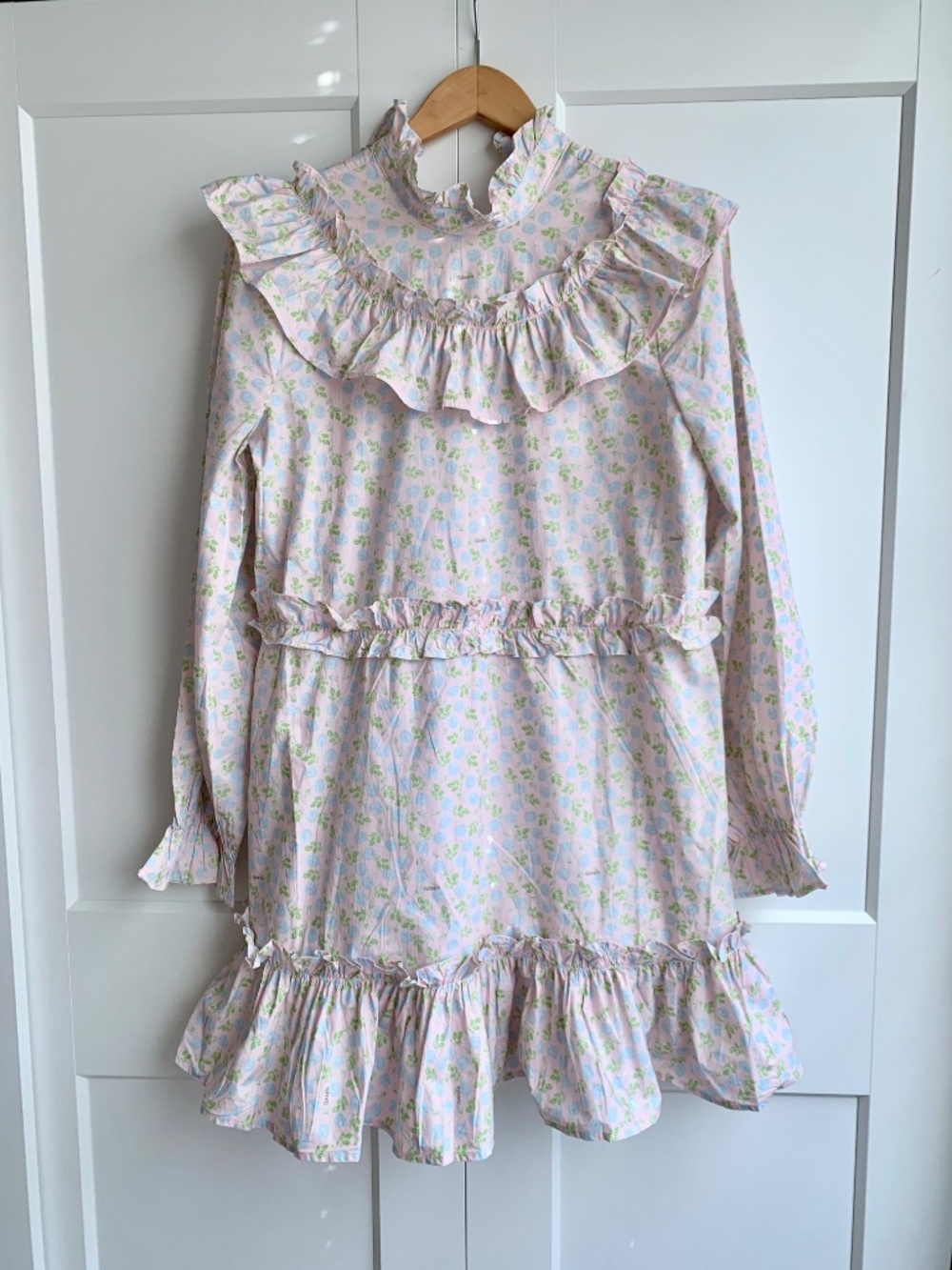 Ganni Ruffle Floral-Print Mini Dress 100% Cotton size 42 US L NWT - Picture 3 of 13